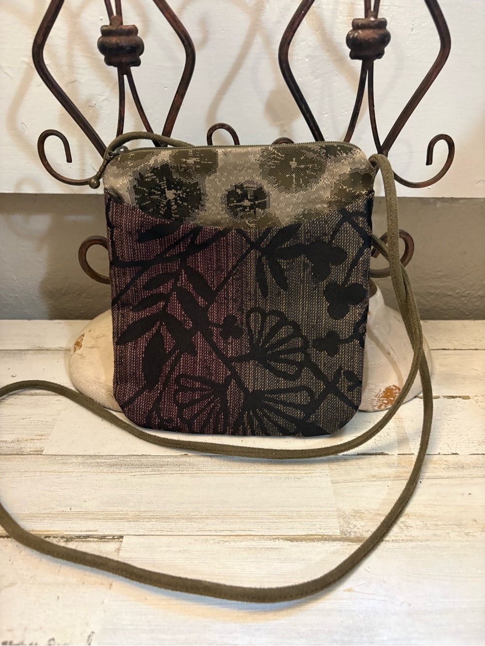 Textured Floral Crossbody Bag in Olive and Plum Maruca Handmade